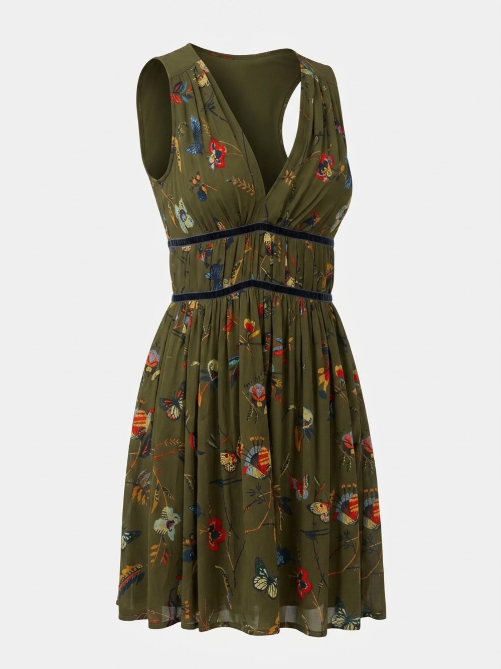 Abercrombie & Fitch Olive Green Floral Butterfly V-Neck Mini Dress